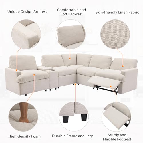 Large Sectional Sofa Couch L-Shaped Recliner Corner Sofa with 2 Power Recliners Storage Box Cup Holders USB Ports and Power Socket, Linen Upholstered Home Theater Reclining Sofa for Living Room, Beige