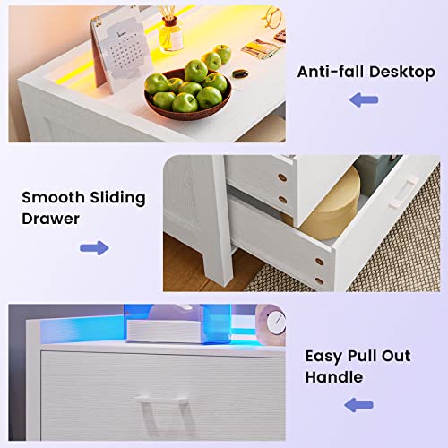 Dresser for Bedroom, 6 Drawer Double Dresser with LED Lights, Wood Chest of Drawers, Modern Storage Dresser for Bedroom, White (NSL02N)