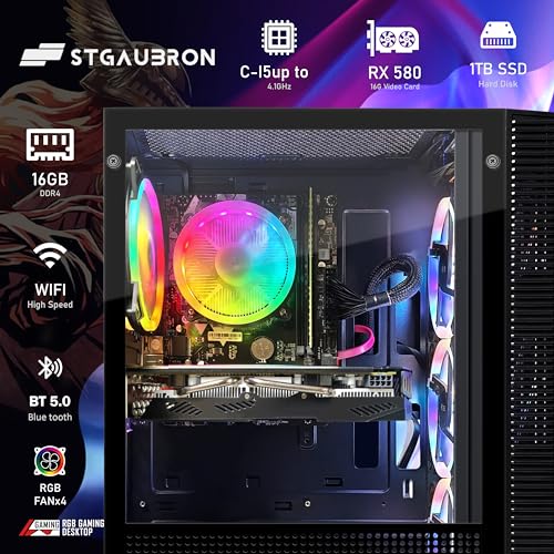 STGAubron Gaming PC Desktop Computer, Intel Core I7 up to 3.9 GHz, Radeon RX 580 8G, 16G RAM, 512G SSD, WiFi, Bluetooth 5.0, RGB Fan x6, RGB BT Sound Bar, Windows 10 Home