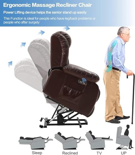 Genuine Leather Infinite Position Dual Motor Large Power Lift Chair Recliner for Elderly with Massage and Heating Lay Flat Electric Power Lift Recliner(Black)
