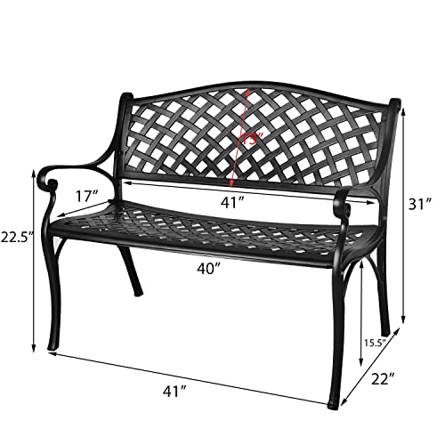 Outdoor Patio Garden Bench All-Weather Cast Aluminum Loveseats Park Yard Furniture Porch Chair Work Entryway Decor w/Checkered Design (Black)