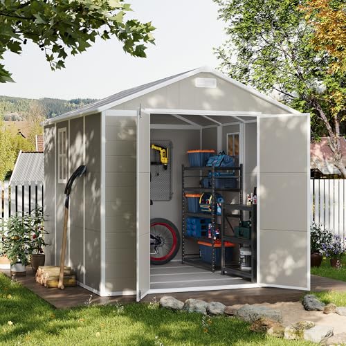UDPATIO Outdoor Storage Shed 6 x 6 FT, Resin Garden Sheds with Floor Plastic Patio Outdoor Storage Shed with Lockable Door for Tool, Bike, Garbage Gray White
