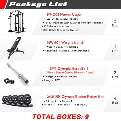 RitFit Multi-Function Squat Rack Power Cage PPC03 with Cable Crossover System, 1000LBS Capacity Power Rack and Packages with Optional Weight Bench, Barbell Weight Set, for Garage Workout & Home Gym