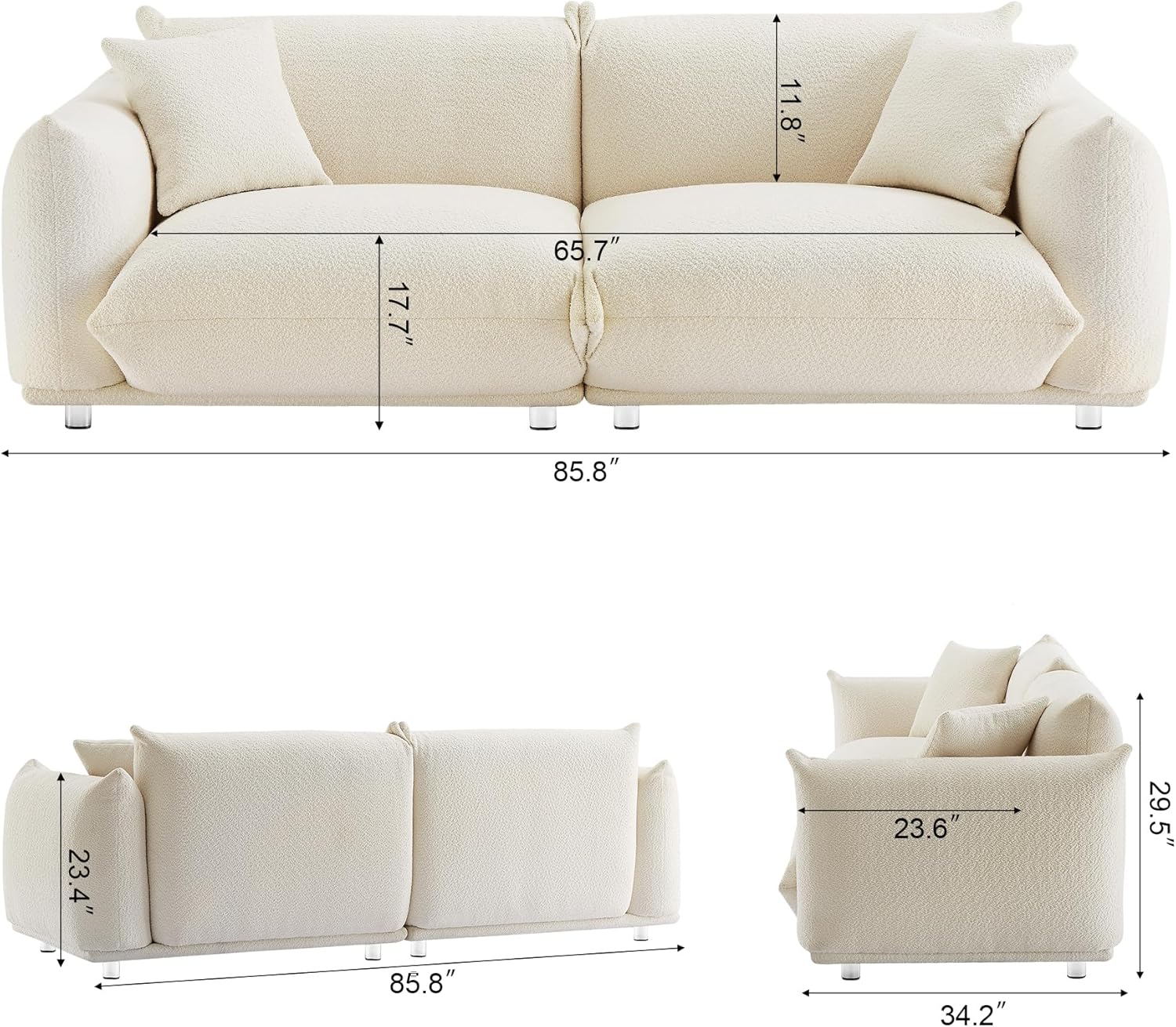 CHARMMA 87" Oversized Loveseat Sofa for Living Room, Sherpa Sofa with Metal Legs, 3 Seater Sofa, Solid Wood Frame Couch with 2 Pillows, for Apartment Office Living Room - White