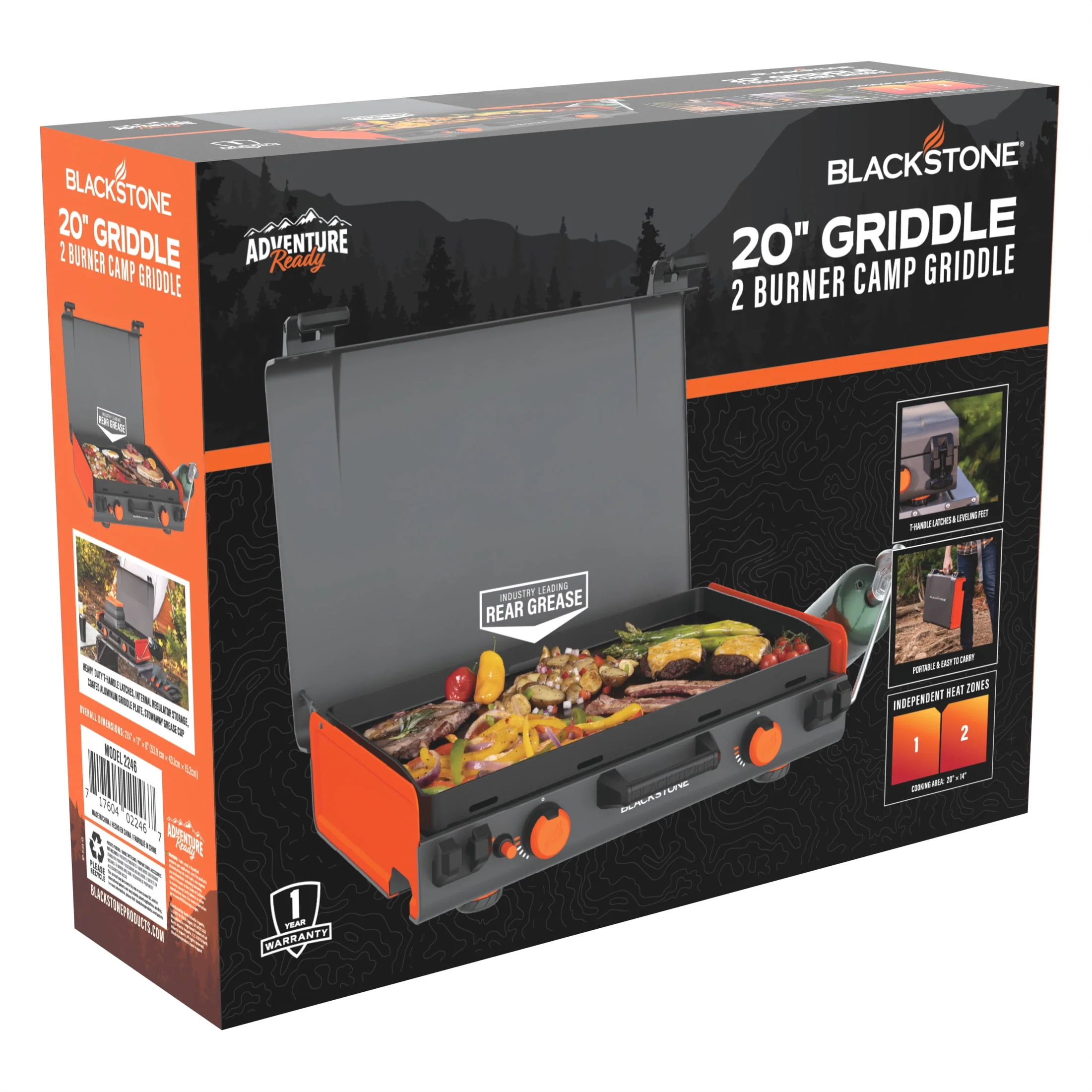 Blackstone Adventure Ready 20”x14” 2-Burner Propane Camping Griddle (Model 2246) with Latching Hood and Handle