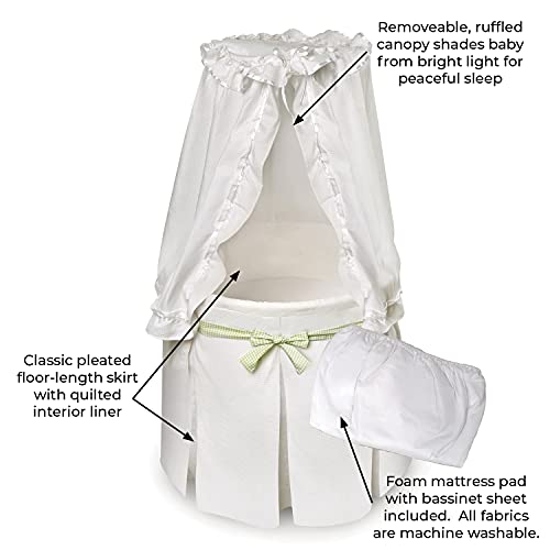 Badger Basket Empress Canopy Bassinet, Rocking Baby Cradle Bed with Mattress, Bedding, and Storage, Round- Ecru/Leaf