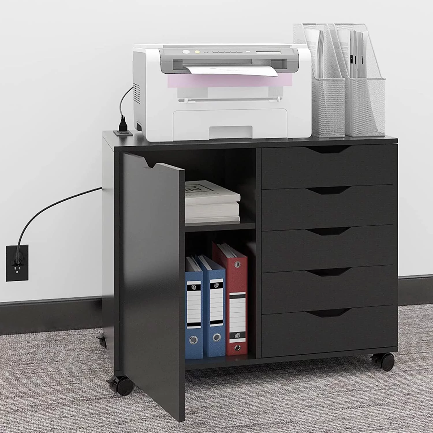 Natwind 5-Drawer Wood File Cabinet, Mobile Lateral Filing Cabinet, Rolling Printer Stand with Charging Station and Open Storage Shelves for Home Office (Black)