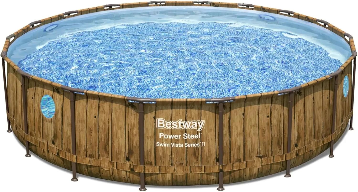 Bestway Power Steel Swim Vista Series II 18' x 48" Round Above Ground Outdoor Swimming Pool Set with Built-in Windows, Filter Pump, Ladder, and Cover