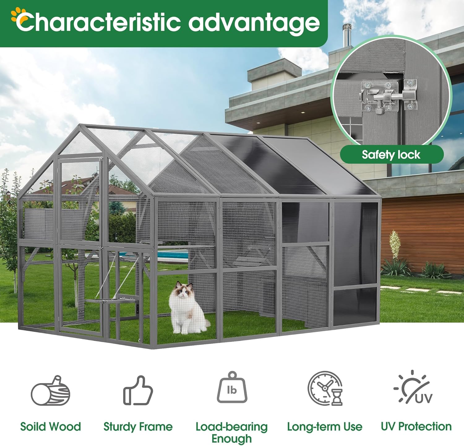 Large Cat Cage Outdoor Wooden Catio Enclosure Patio Large Cat Run House for Multiple Pets Walk in Kitten Kennel with with Bridges, Walks, Small Houses 108.7''Outdoor Indoor Cats with Weatherproof Roof