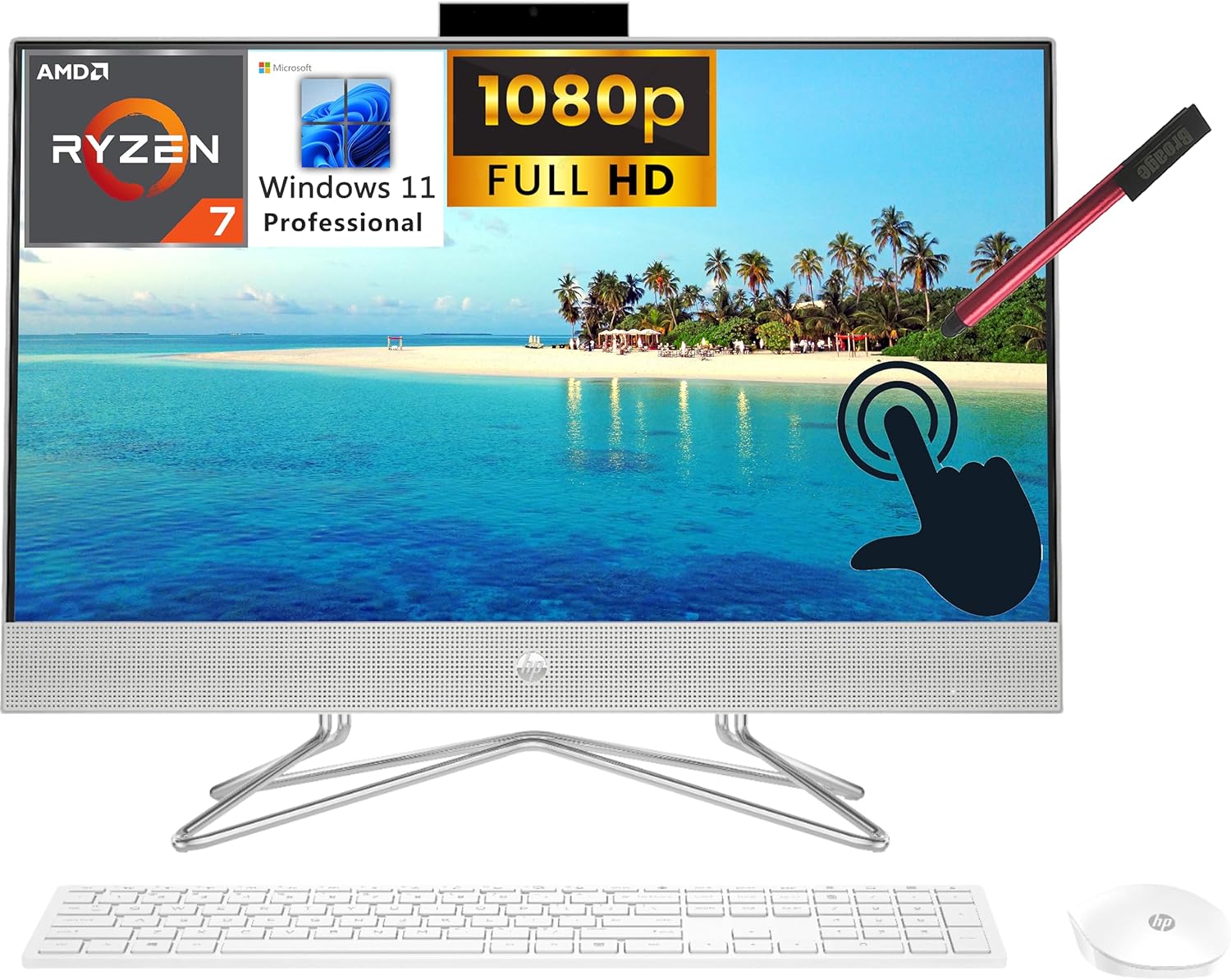 HP All-in-One Desktop Computer, 27" Touchscreen FHD, Octa-Core AMD Ryzen 7 5700U (Beat i7-1165G7), 32GB DDR4 RAM, 1TB PCIe SSD, WiFi, Bluetooth, KB & Mouse, Windows 11 Pro, BROAG 64GB Flash Stylus