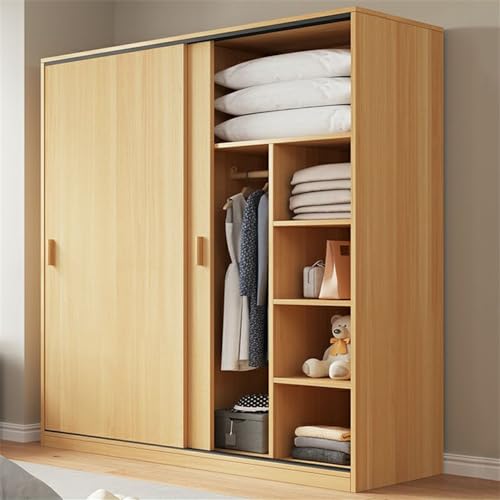 NIUYAO Solid Wood Family Wardrobe Closet Armoire Sliding Door Clothing Rod & Shelves Included Bedroom Dressing room Storage Cabinet -Wood 63" L x 18" W x 71" H