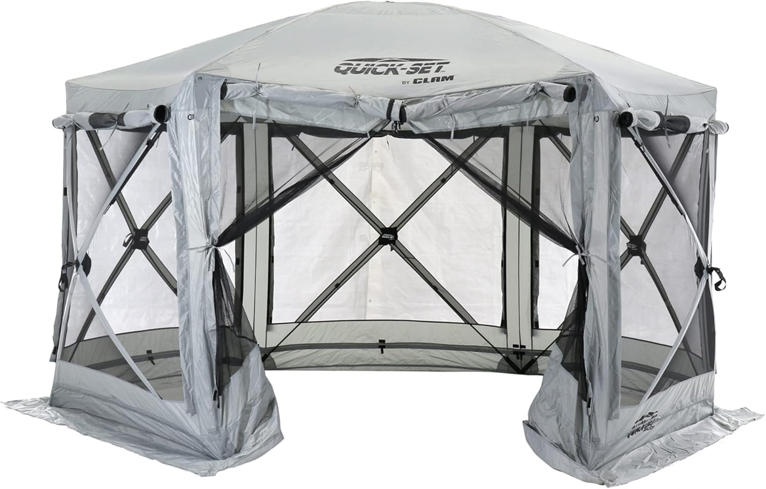 CLAM Quick-Set Pavilion 12.5 x 12.5 Ft Portable Pop-Up Outdoor Camping Screen Tent 6-Sided Canopy Shelter w/ Built-in Wind Panels & Carry Bag, Gray