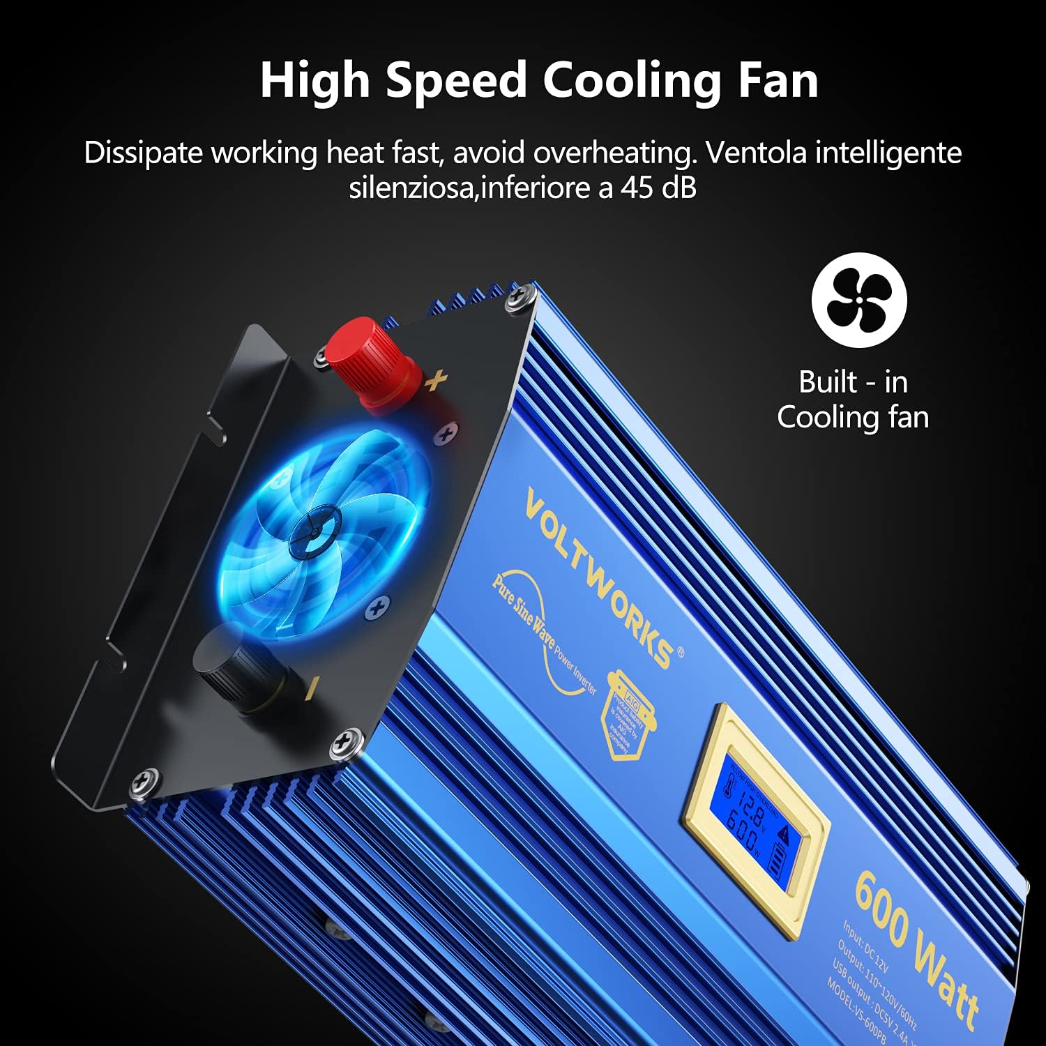 VOLTWORKS 600 Watts Pure Sine Wave Power Inverter 600w DC 12V to AC 110V 120V with Dual 2.4A USB Port & LCD Display Two AC Outlets for Car Truck RV