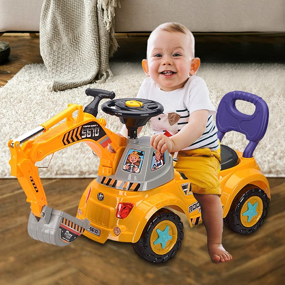 Hitish Ride-on Excavator Car, Full Functional Ride On Excavator Walker Sliding Digger Construction Vehicles Tractor Toy, Pretend Play Riding Digger Scooter with Sounds & Lights