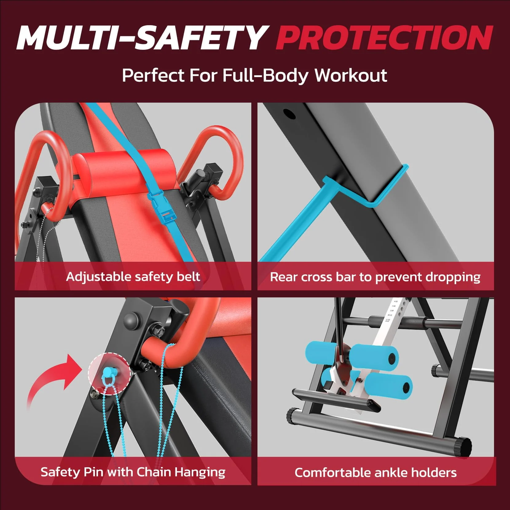 Heavy Duty Inversion Table,300 Lbs Capacity with Adjustable Protective Belt,0°-85°Foldable Save 70% Space Inversion Table for Back Pain Relief,Red