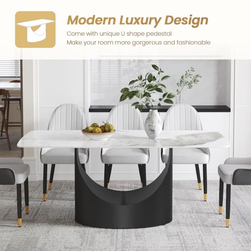 Modern Rectangle Marble Dining Table,63" White Marble Sintered Stone Top Dining Table,Rectangle Dining Room Table with Unique U-Shape Black Carbon Steel Pedestal for Kitchen/Living Room(Table Only)