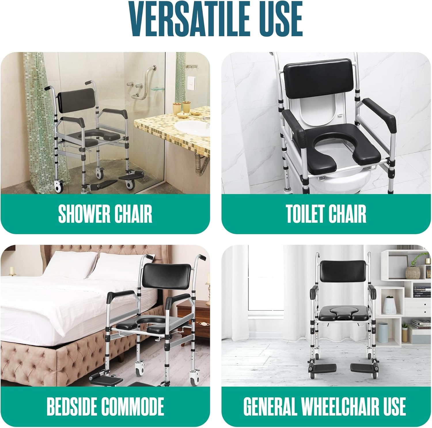 Houseables Shower Chair with Wheels, Shower Wheelchair, Rolling Shower Chair, Shower Commode Wheelchair, Bedside Toilet Chair for Elderly, Handicap Shower Chair with Wheels, Height Adjustable