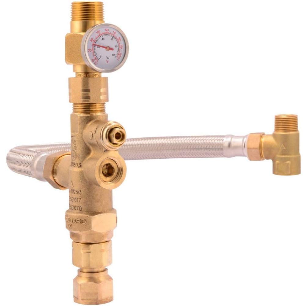 Cash Acme Water Heater Tank Booster Pro, Thermostatic Mixing Valve 3/4 with Temperature Gauge, Braided Hose, Domestic and Commercial Application