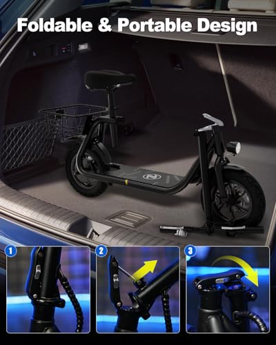 Electric Scooter with Seat ZD06, 800W Peak Motor, 20 Mile Range & 15.5 Mph, Key Start, Foldable E-Scooter with Carry Basket for Pets & Cargo, Electrically-Powered Motor Scooters