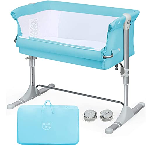 BABY JOY Baby Bedside Crib, Portable Travel Sleeper Bed Side Bassinet w/Carrying Bag, Newborn Bassinet to Infant, Kids Crib with Detachable Mattress, Height & Angle Adjustable, Breathable Mesh, Grey
