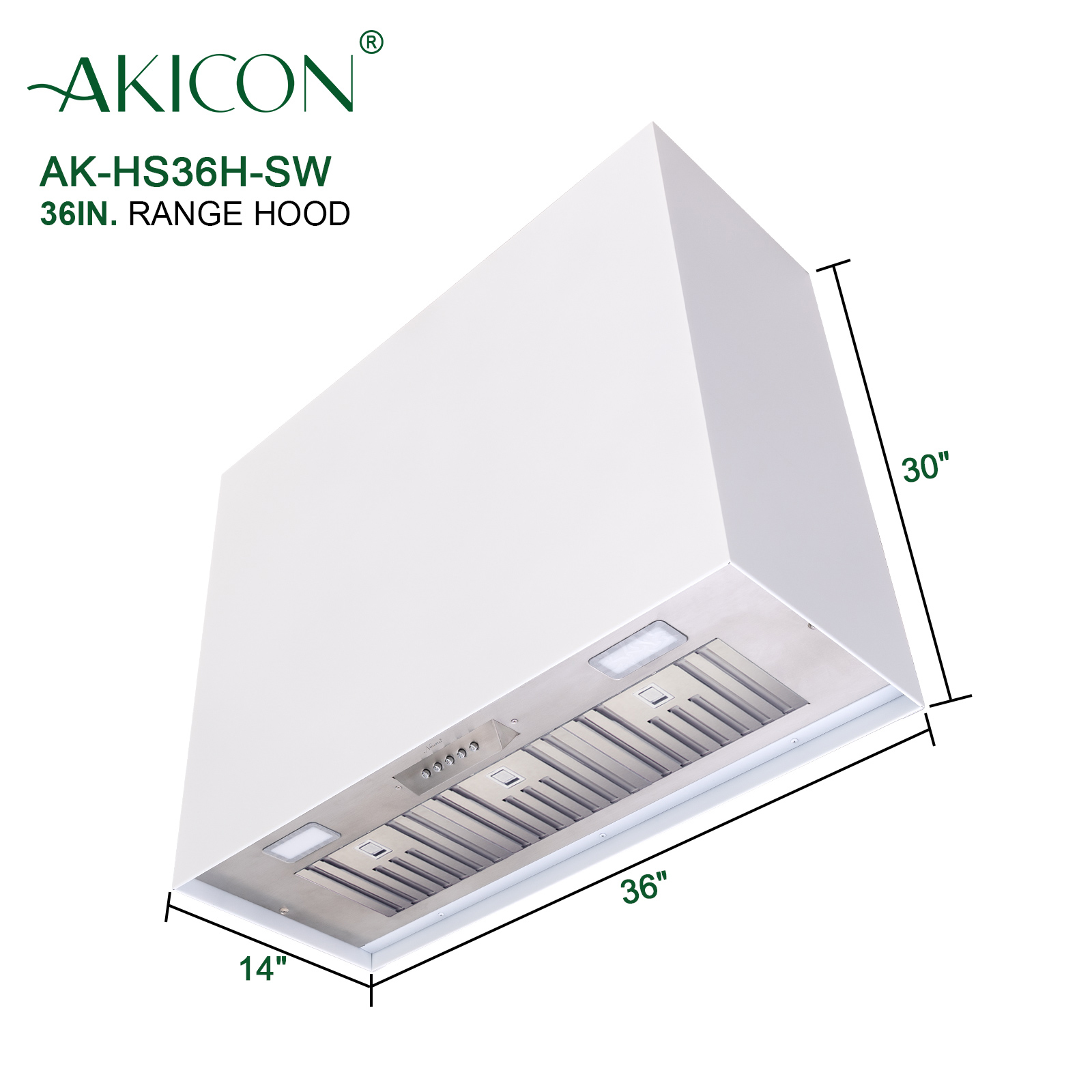 Akicon Stainless Steel Range Hood, Modern Box Kitchen Hood with Powerful Vent Motor, Wall Mount, 30”W*30”H*14D, Signal White