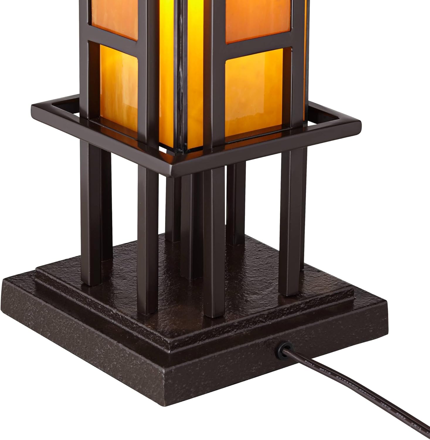 Robert Louis Tiffany Prairie Style Mission Rustic Pillar Accent Table Lamp Bronze Iron Column Hand-Cut Amber Stained Art Glass for Living Room Bedroom House Bedside Nightstand Home Office Family