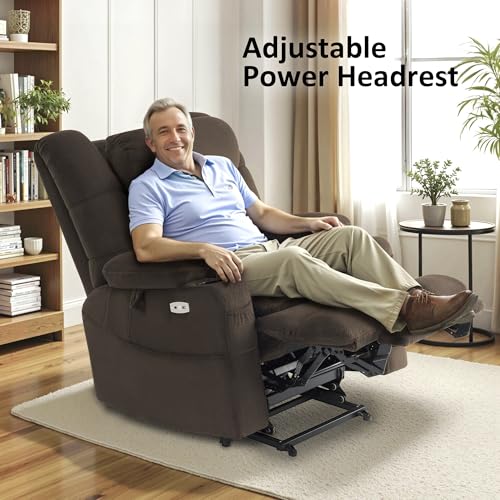 MCombo Large Triple Motor Power Lift Recliner Chair with Massage and Dual Heating, Adjustable Headrest for Tall Elderly People, Fabric 7634 (Grey, Large)