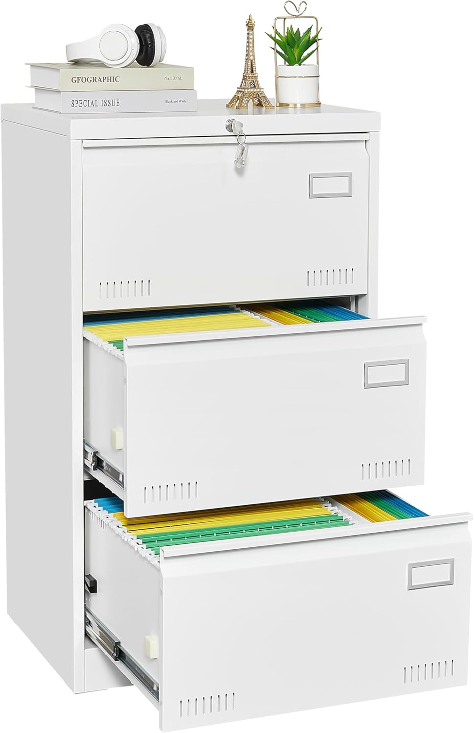File Cabinet,Locking 3-Drawer Metal Lateral File Cabinet for Home Office, Legal/Letter/A4 Size Files, Assembly Required (3 Drawers, White)