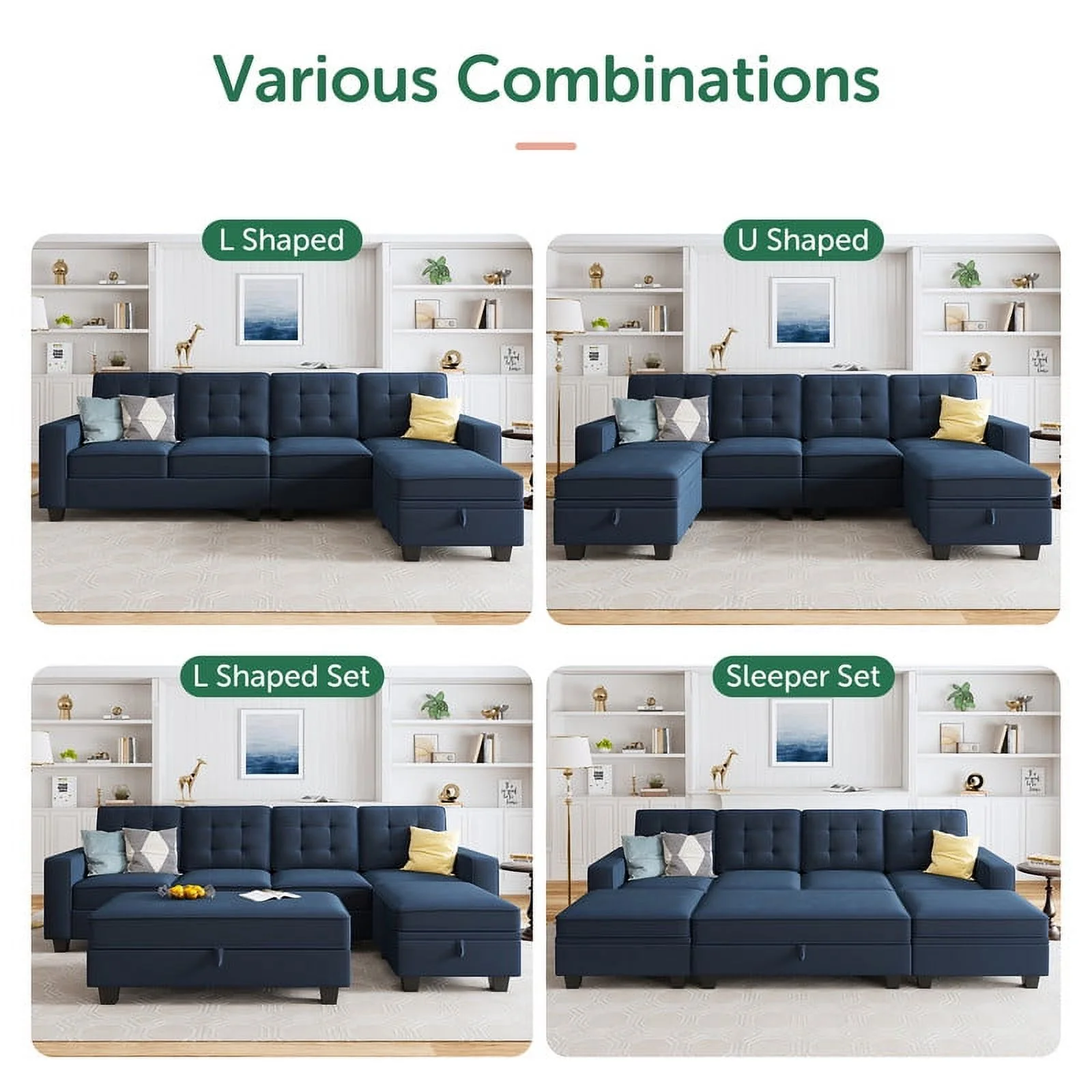 HONBAY Modern U-Shaped Sectional Sofa with Reversible Chaises and Storage Ottomans, Dark Blue