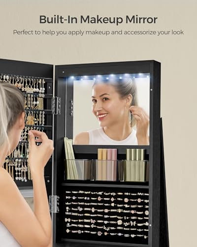 SONGMICS 6 LEDs Lockable Mirror Jewelry Cabinet, 360° Swivel Jewelry Organizer, Standing Jewelry Armoire, Frameless Full-Length Mirror, 3 Storage Shelves, White Surface, Black Lining UJJC007W01