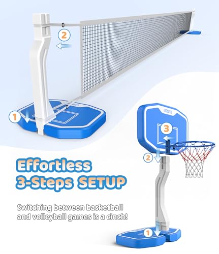 2 in 1 Swimming Pool Basketball & Volleyball Game Set,includes Poolside Hoop, Balls, Net, and Pump,Ideal for Ages 6+ Kids/Adults,Suitable for All Inground Swimming Pools-BLUE
