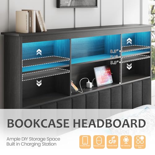 HISOFT Queen Bed Frame with Storage Headboard, Wood Bed with High Storage Bookcase, 4 Drawers & LED & Charging Station,No Box Spring Needed/Noise Free/All-Metal Support, Rustic Grey
