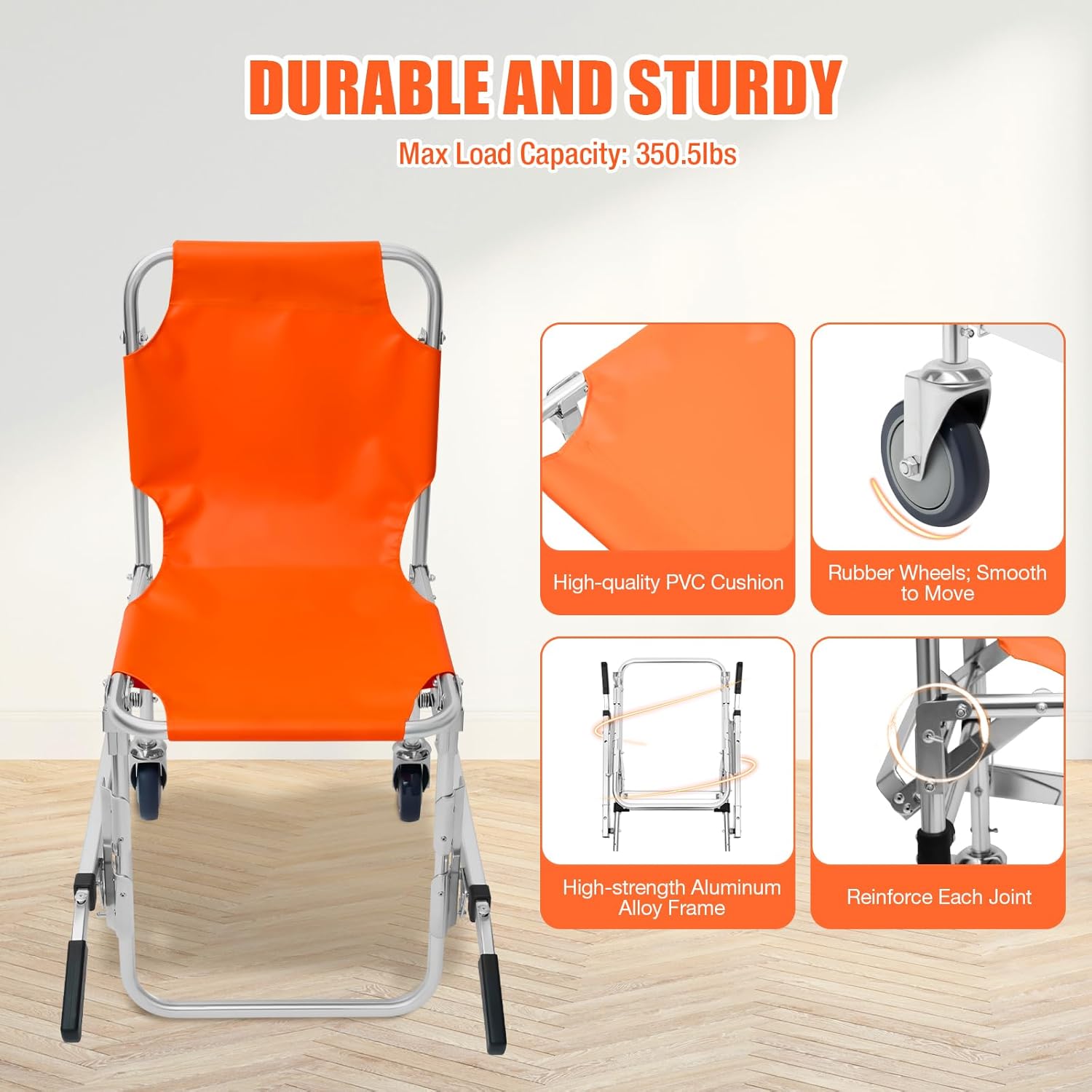 Stair Chair 2-Wheel Orange Transfer Stair Chair Up to 350lbs Foldable Transport Wheelchair for Hospitals, Emergency Centers, Fire Centers