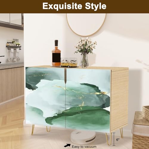 Mid Century Sideboard Buffet Kitchen Storage Cabinet with 2 Doors Realistic Marble Gold White Texture Seamless Abstract Cupboard Console Table Bar Cabinet for Dining Room Hallway