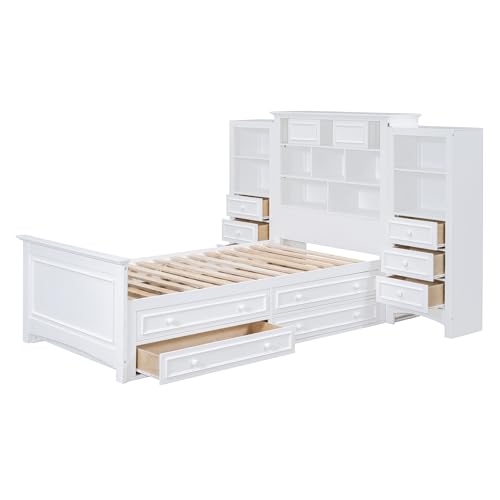 Twin Storage Bed, Wood Platform Bed with Bookcase Headboard and 10 Drawers, Modern Wooden Captain Beds Frame for Kids Boys Girls Teens, Gray