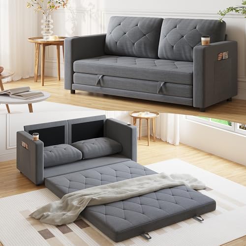 Lvifur 3-in-1 Loveseat Sleeper Sofa, Pull Out Sleeper Couch Full Size, Foldable Futon Sofa Bed for Small Space, Convertible Floor Couch with Side Pockets for Living Room (Beige)