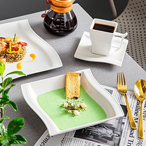MALACASA Ivory White Dinnerware Sets, 60 Piece Kitchen Plates and Bowls Sets for 12, Porcelain Dish Set with Dinner Plates Set, Cups and Saucers, Square Dishes Dinnerware Set, Series Flora