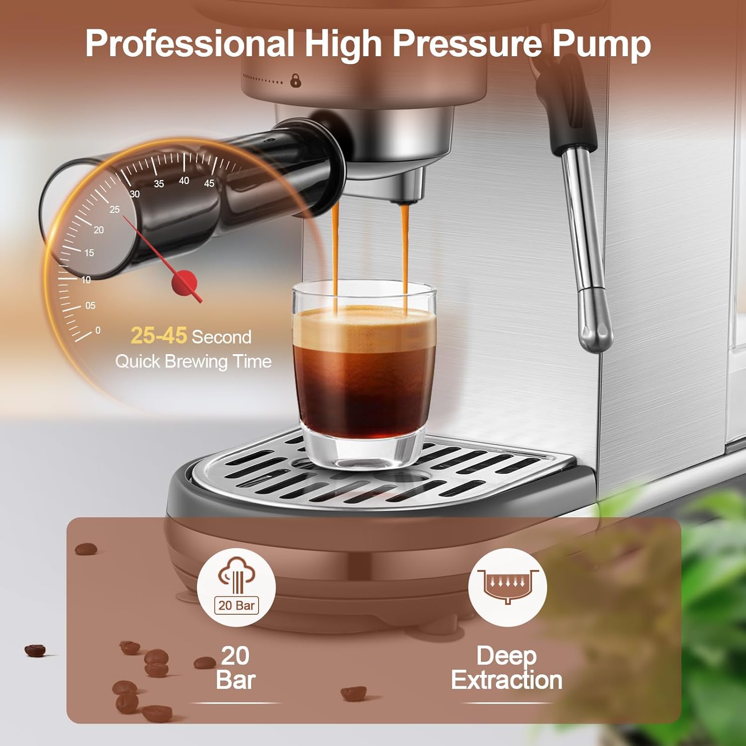 Espresso Coffee Machine for Home 20 Bar, Professional Compact Cappuccino Machine Maker for Latte, with 40oz Detachable Water Tank, 1350W Strong Power, Stainless Steel