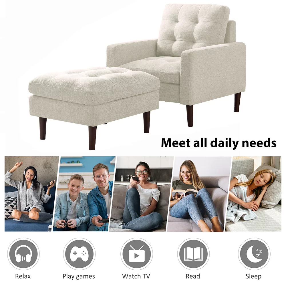 Accent Chair with Ottoman, Modern Fabric Single Sofa Chair, Upholstered Accent Arm Chair with Solid Wood Legs, Accent Chair for Home Office Living Room Bedroom, Beige