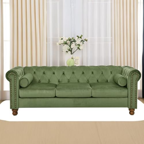 74.5" Velvet 3 Seater Sofa Sofa Couch Chesterfield Sofa Tufted Couch with 2 Pillows for Living Room Apartment Office Lounge Green