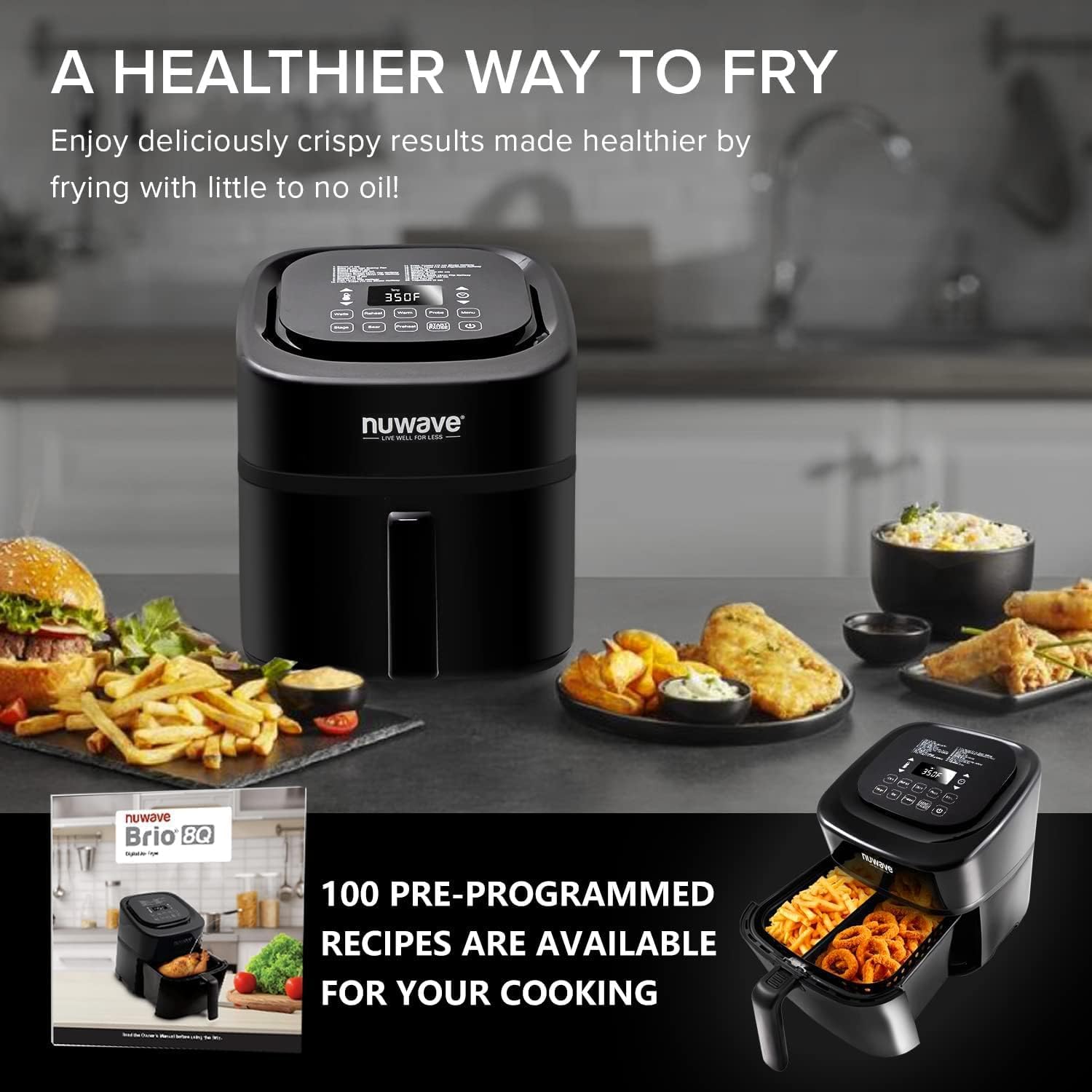 NUWAVE Brio 8-Qt Air Fryer, Powerful 1800W, Easy-to-Read Cool White Display, 50°-400°F Temp Controls, 100 Pre-Programmed Presets & 50 Memory Slots, Integrated Smart Thermometer, Linear T Technology