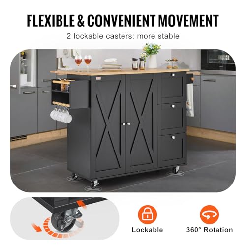 VEVOR Kitchen Island Cart with Solid Wood Top, 35.4" Width Mobile Carts with Storage Cabinet, Rolling Kitchen Table with Spice Rack, Towel Rack, and Drawer, Portable Islands on Wheels, White