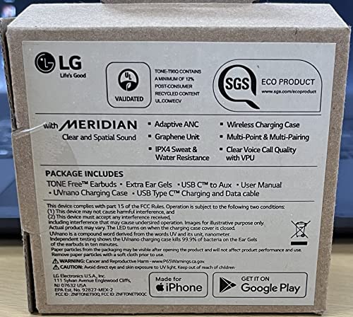 LG TONE Free True Wireless Bluetooth Earbuds T90 - Active Noise Cancelling Earbuds with Dolby Atmos, White, Small