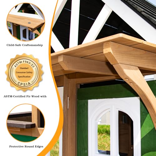 Kids Playhouse Outdoor,Wooden Play House Playset for Kids, Large, Sturdy, Realistic Design with Kitchen, Doorbell, Flower Pot, Stove, Sink & Clock, Perfect for Kid Ages 3-8 (Gray)
