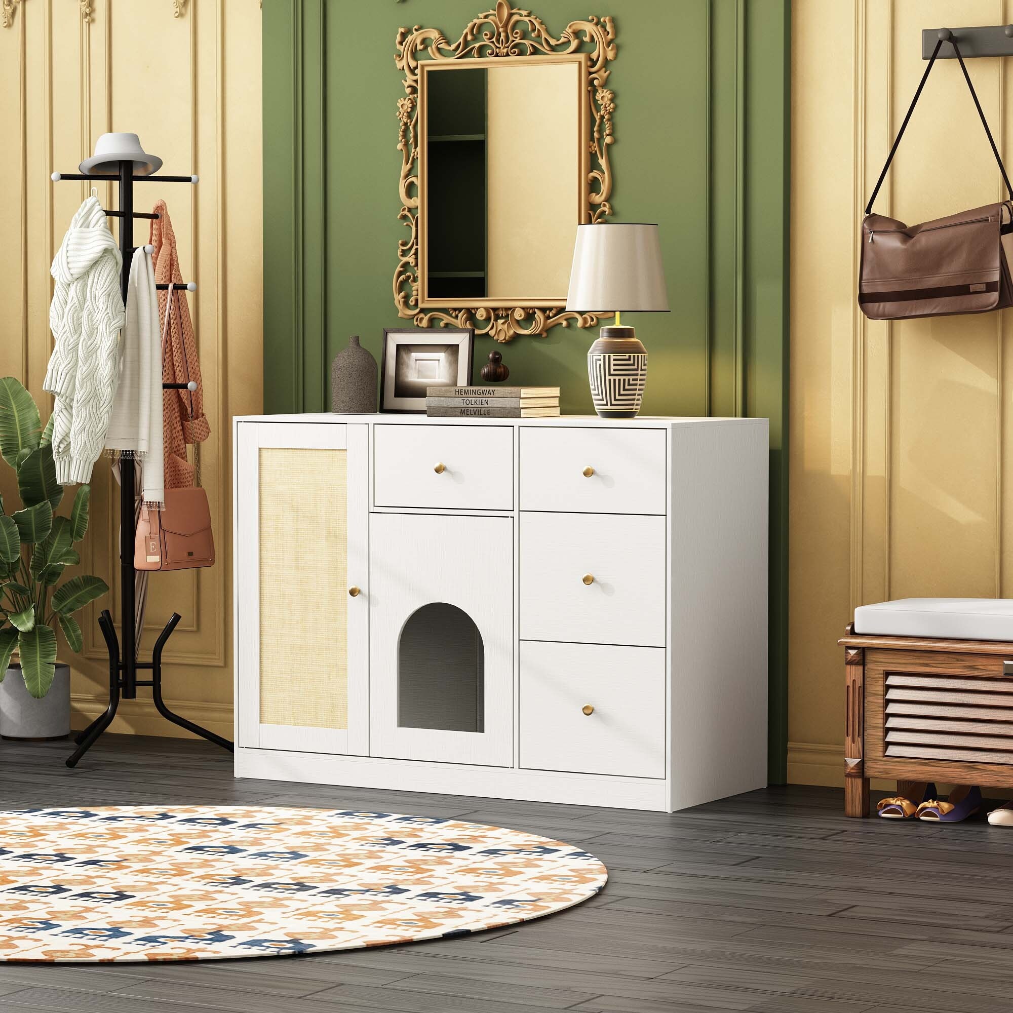 47.2" Cat Litter Box Enclosure Furniture with 4 drawers & Sisal door