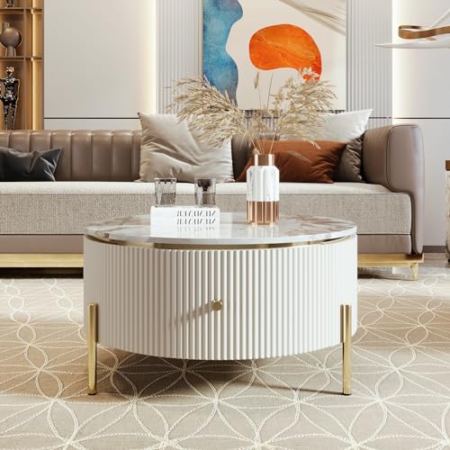 Modern Round Lift-top Nesting Coffee Tables with 2 Drawers for Living Room White & Natural