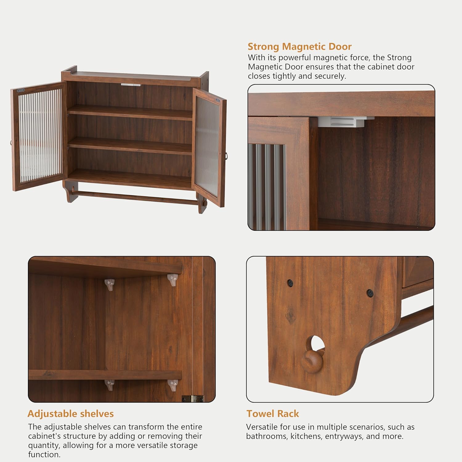 Retro Style Haze Double Glass Door Wood Wall Cabinet with Detachable Shelves for Office, Dining Room,Living Room, Kitchen and Bathroom Brown