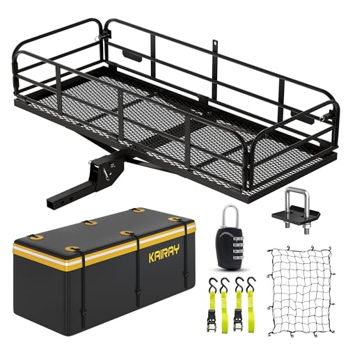 500 Lbs Heavy Duty Hitch Mount Cargo Carrier 60"x24"x14.4" Folding Rear Luggage Rack Basket Fits 2" Receiver for Car SUV Camping Traveling with Stablizer Waterproof Bag Net Ratchet Straps Lock