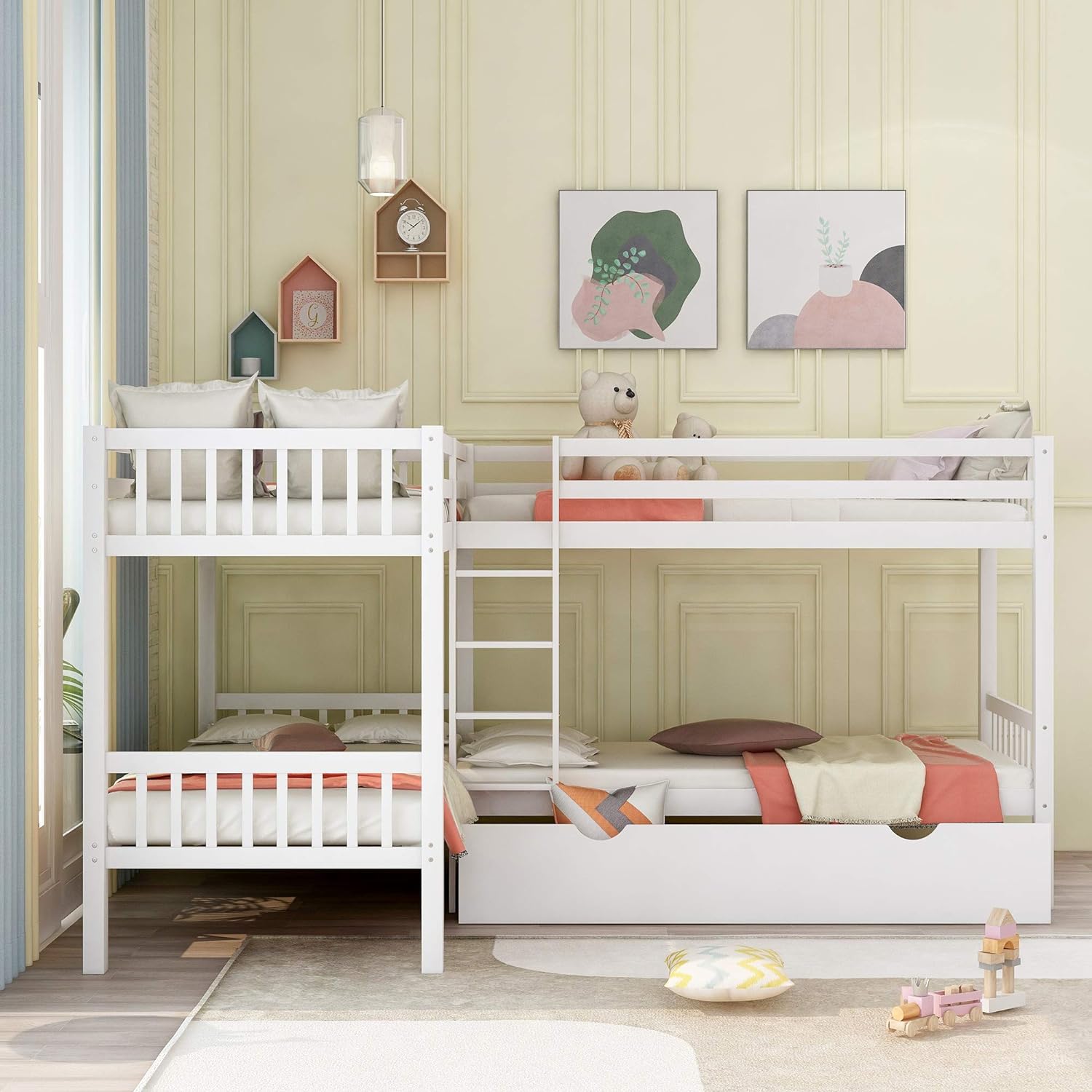 Wooden Bunk Beds For 4 Kids, Over L-Shaped Bunk Bed Frame With Storage Drawers (White)
