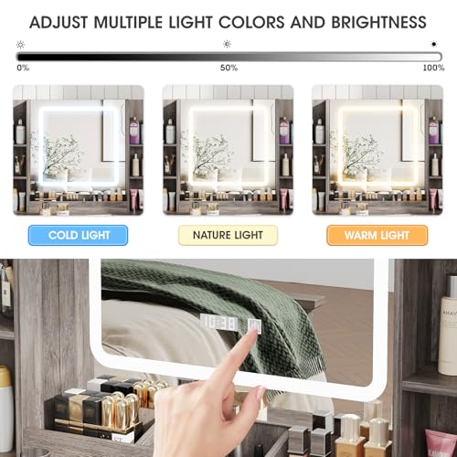 Vabches Makeup Vanity Desk, Vanity Mirror with Lights Desk and Chair,Makeup Table with 3 Large Drawers and 2 Cabinets, Time and Temperature Display, 3 LED Lighting Modes Adjustable, White